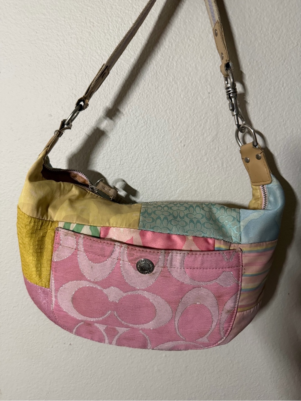 Vintage Coach Patchwork Signature Canvas Shoulder Bag in Pink Multi